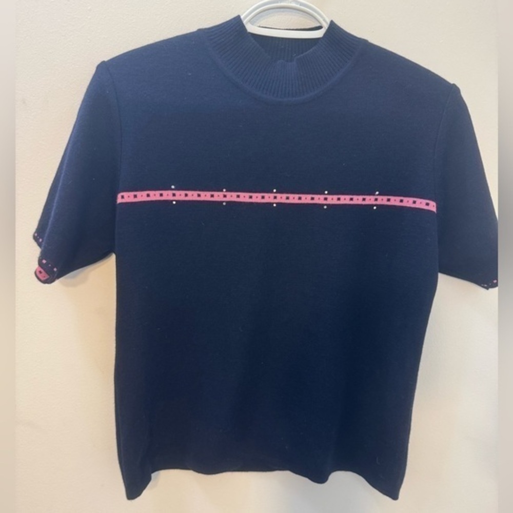 Fashion  Women's Dark Blue Turtle Neck Short Sleeve Sweater Shirt Pad Shoulder M